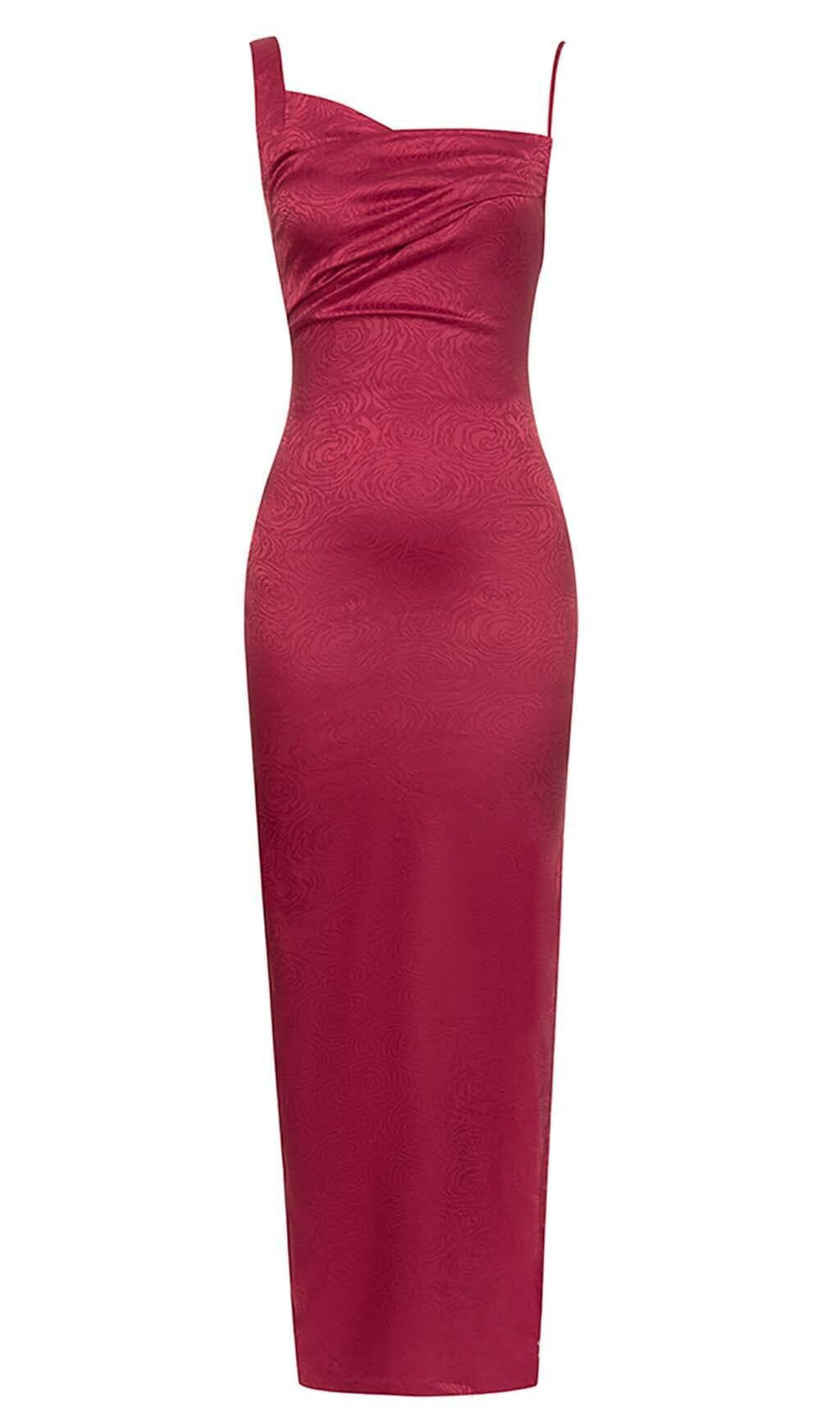 ABITO LUNGO IN RASO CON SPALLINE ROSSO RUBINO