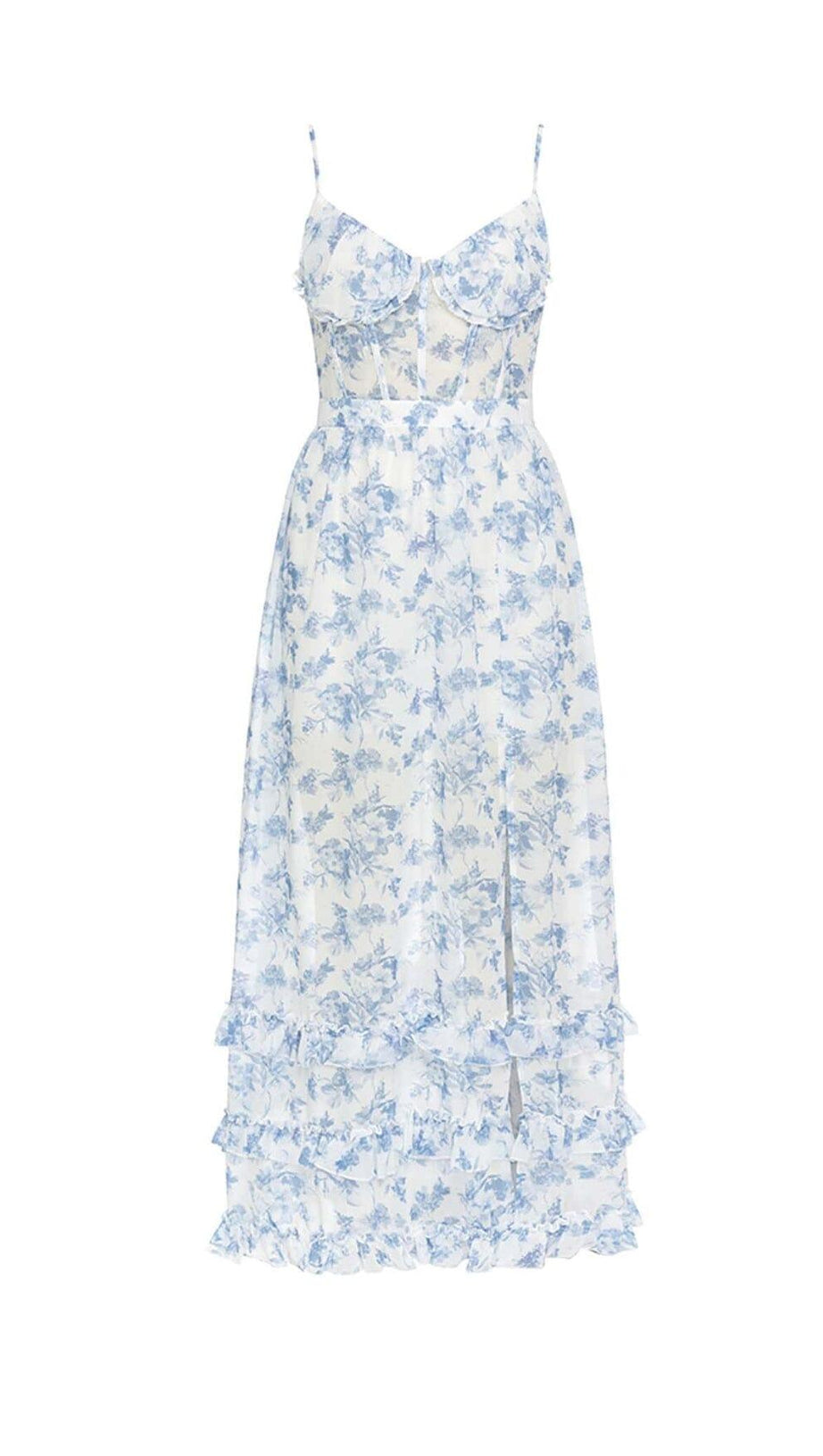 STRAPPY CORSET TIERED MAXI DRESS IN BLUE