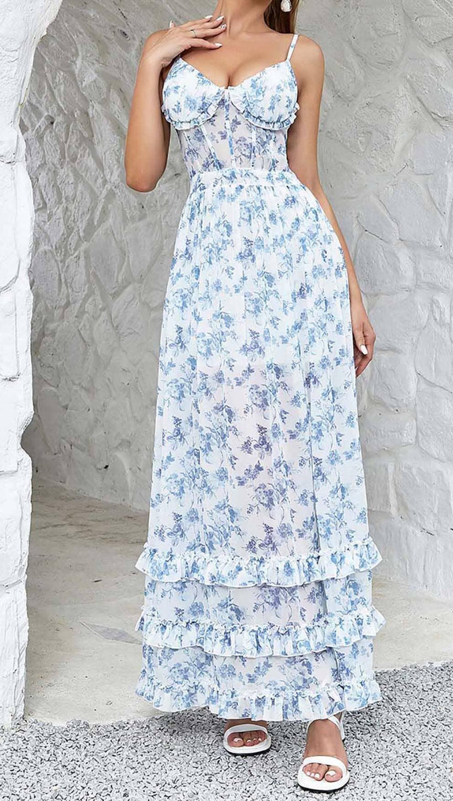 KORSETT-MAXIKLEID MIT TRÄGERN IN BLAU