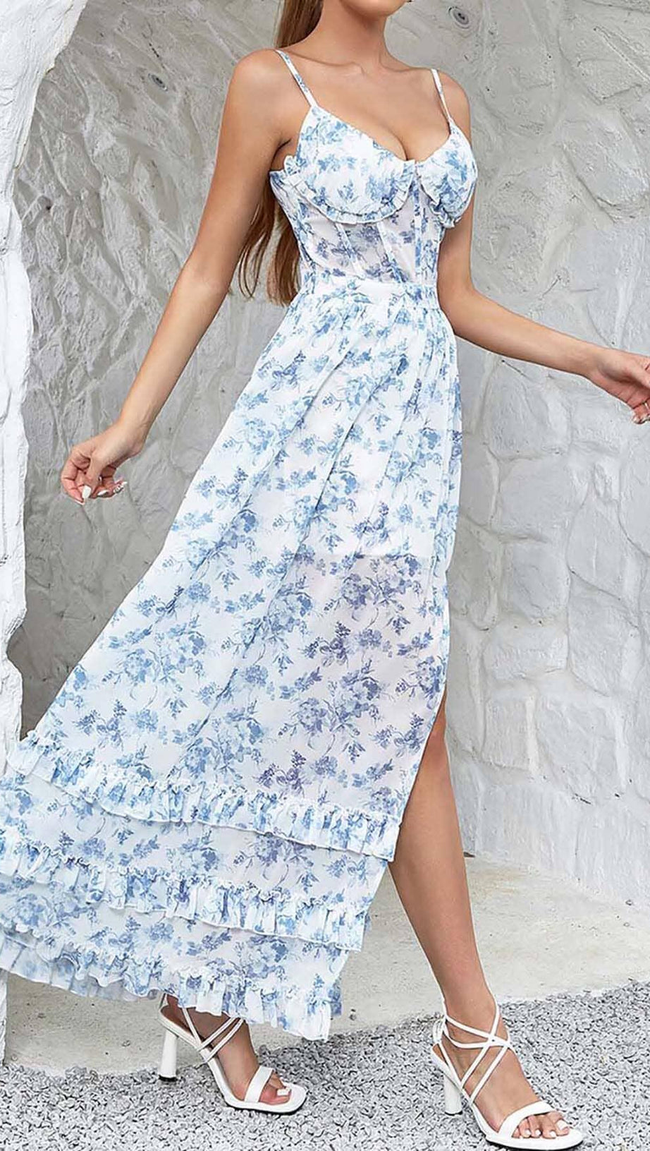 KORSETT-MAXIKLEID MIT TRÄGERN IN BLAU