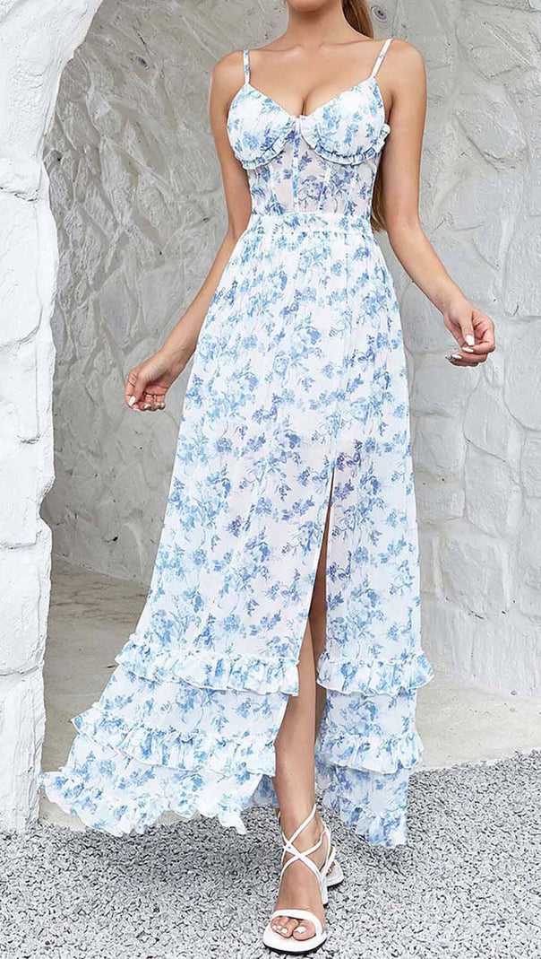AIIZIE STRAPPY CORSET TIERED MAXI DRESS IN BLUE - product image