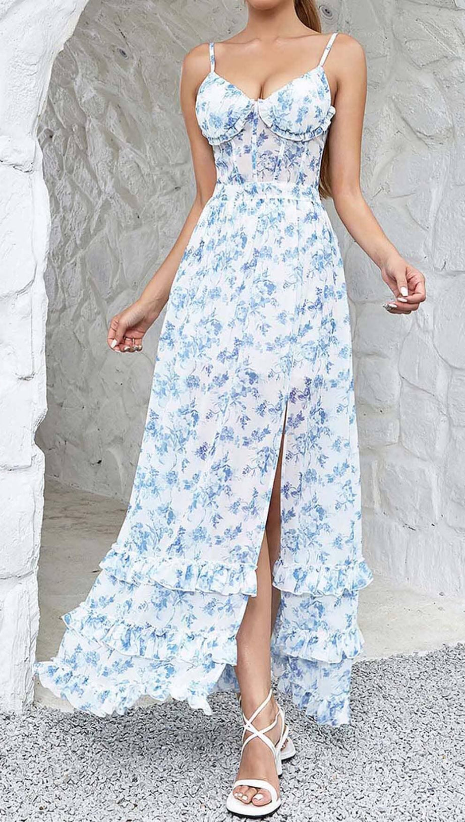 KORSETT-MAXIKLEID MIT TRÄGERN IN BLAU