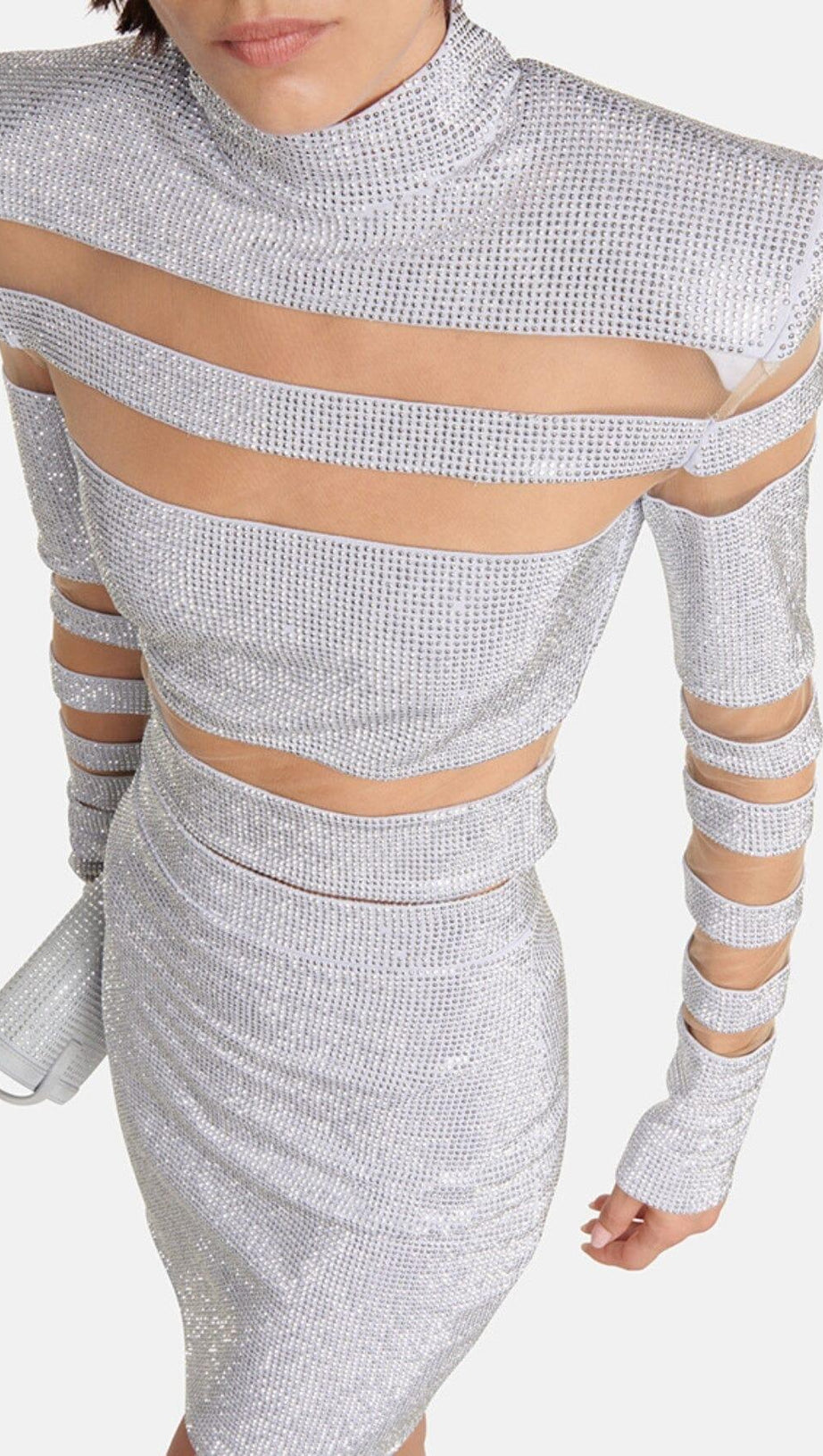 STRIPED RHINESTONE TWO PIECE SET IN SLIVER