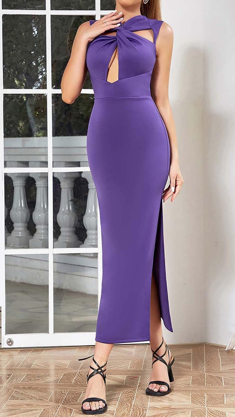 TWIST FRONT CUT OUT MAXI DRESS IN PURPLE