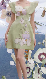 3D FLOWER BUTTERFLY SLEEVE MINI DRESS IN MINT