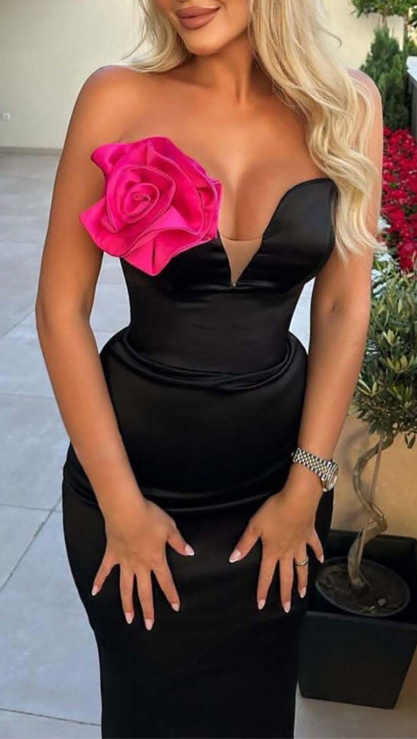 APPLIQUÉD BANDEAU MAXI DRESS IN BLACK