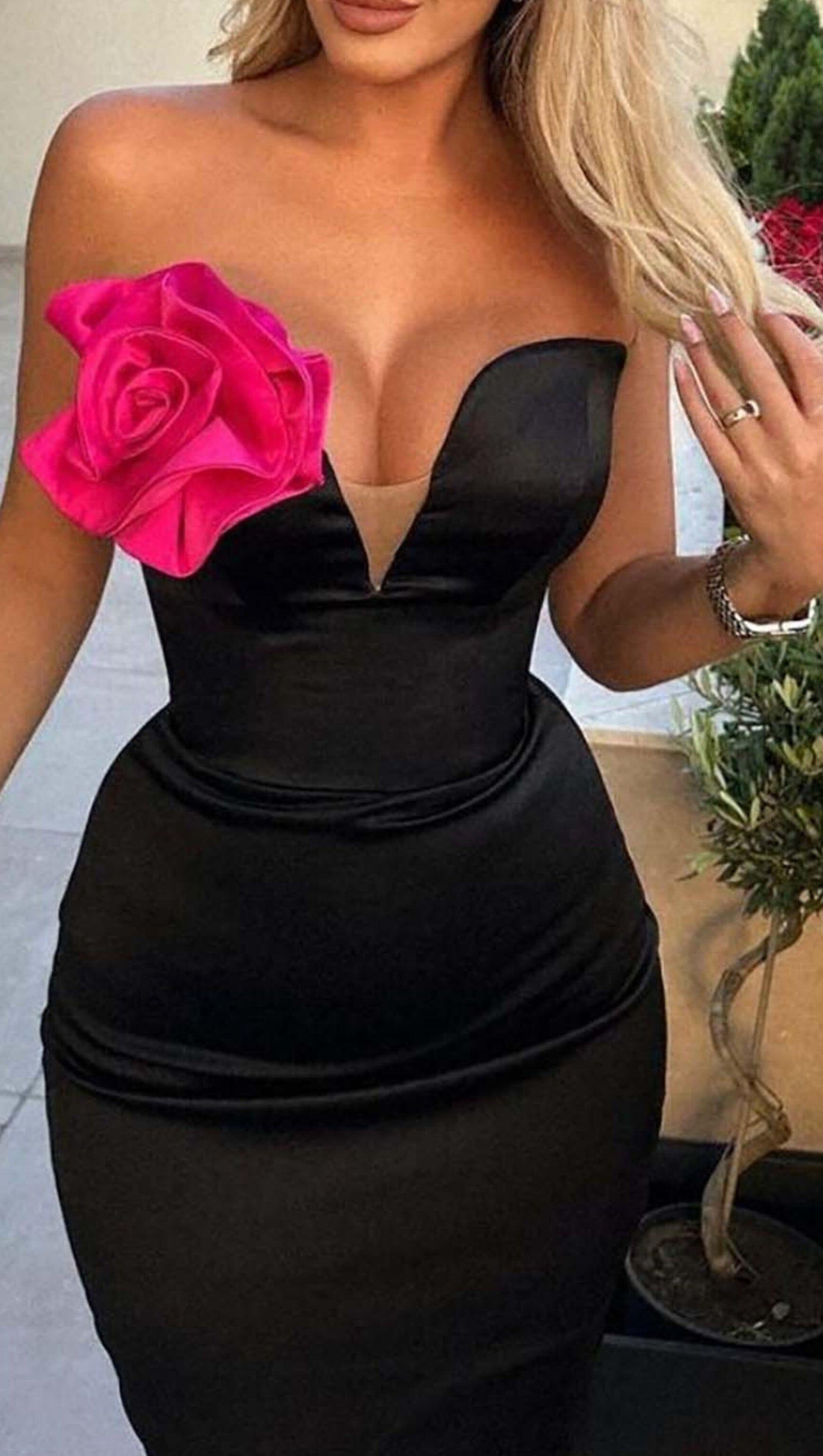 APPLIQUÉD BANDEAU MAXI DRESS IN BLACK