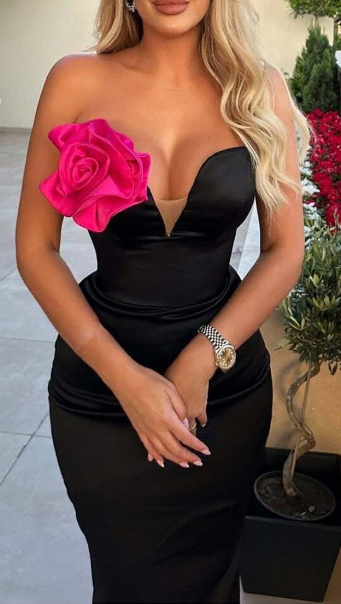 APPLIQUÉD BANDEAU MAXI DRESS IN BLACK