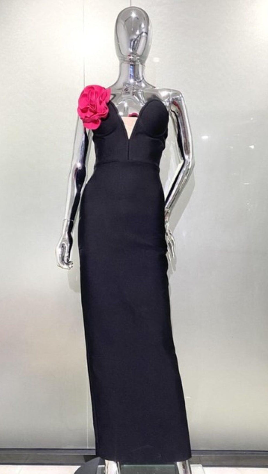 APPLIQUÉD BANDEAU MAXI DRESS IN BLACK