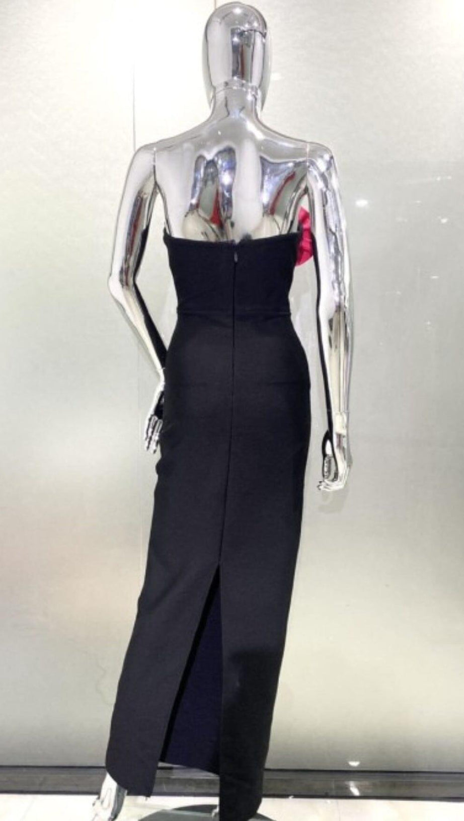 APPLIQUÉD BANDEAU MAXI DRESS IN BLACK