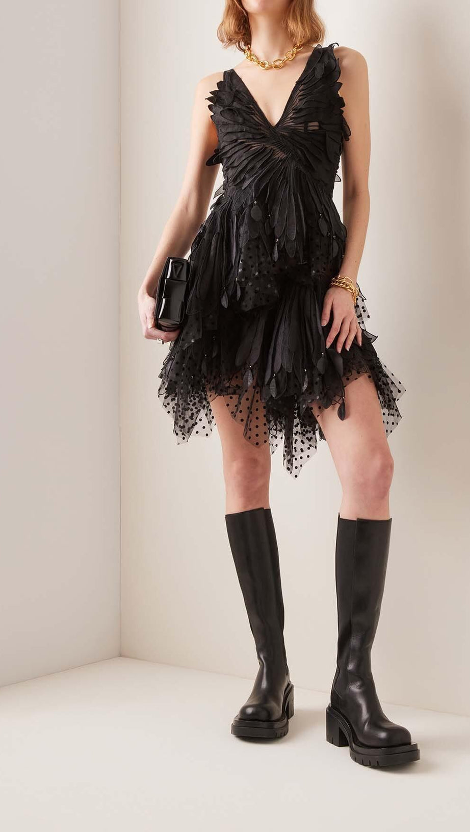 APPLIQUÉD TULLE MINI DRESS IN BLACK