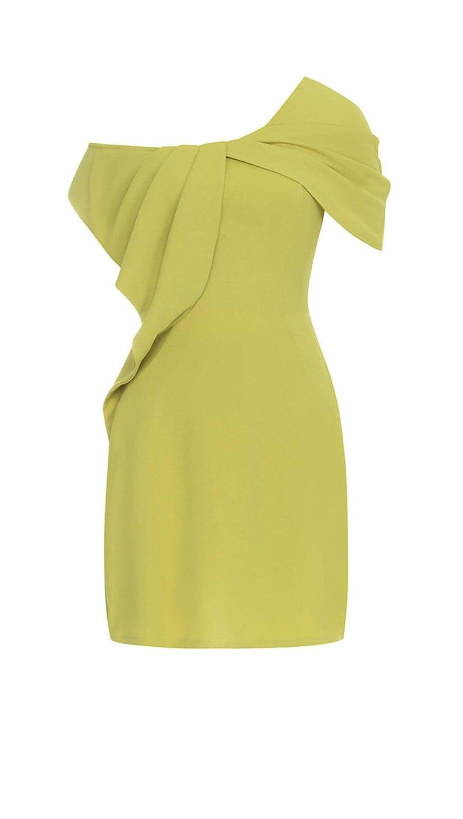 ASYMMETRICAL NECK RUFFLE MINI DRESS IN GREEN