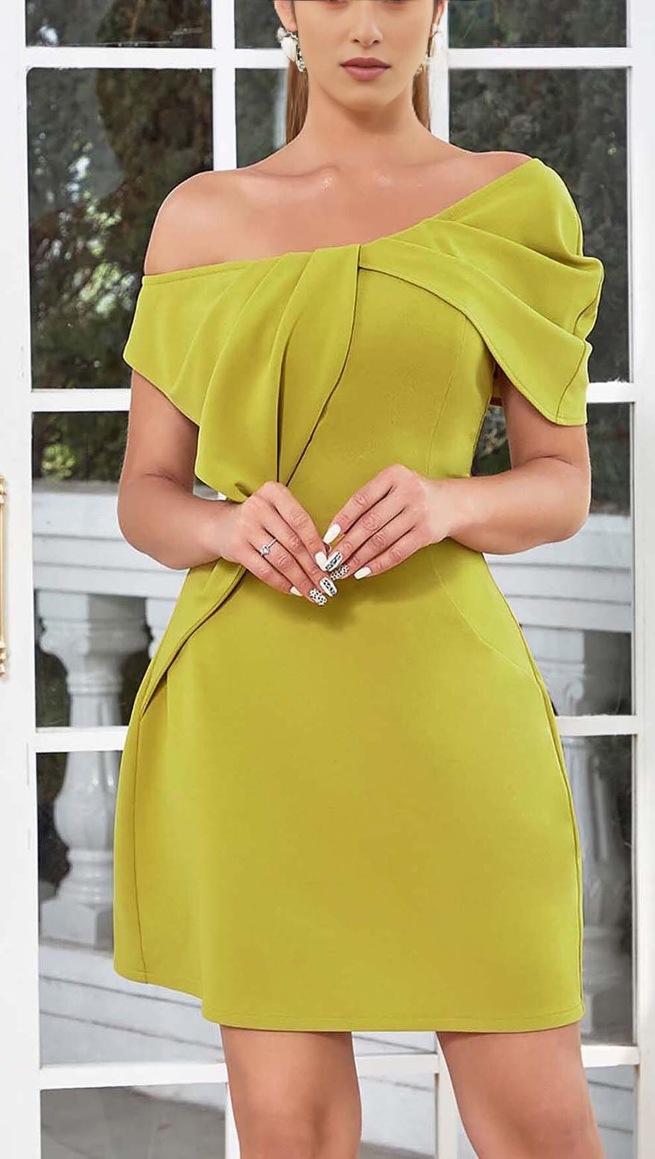 ASYMMETRICAL NECK RUFFLE MINI DRESS IN GREEN