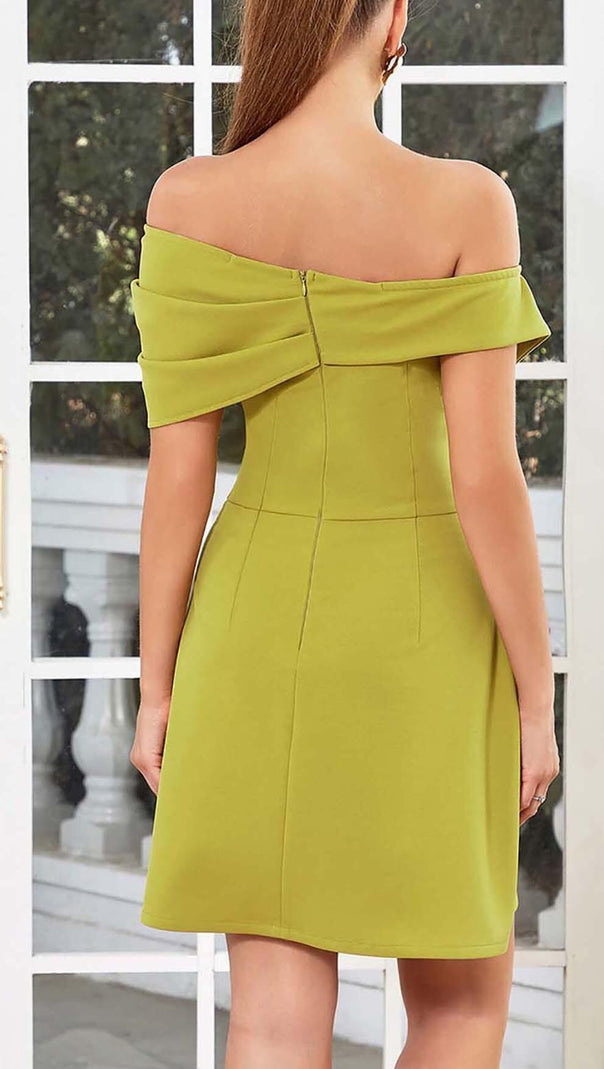 AIIZIE ASYMMETRICAL NECK RUFFLE MINI DRESS IN GREEN - product image