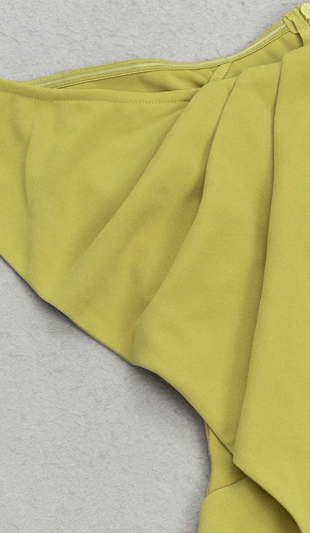 ASYMMETRICAL NECK RUFFLE MINI DRESS IN GREEN
