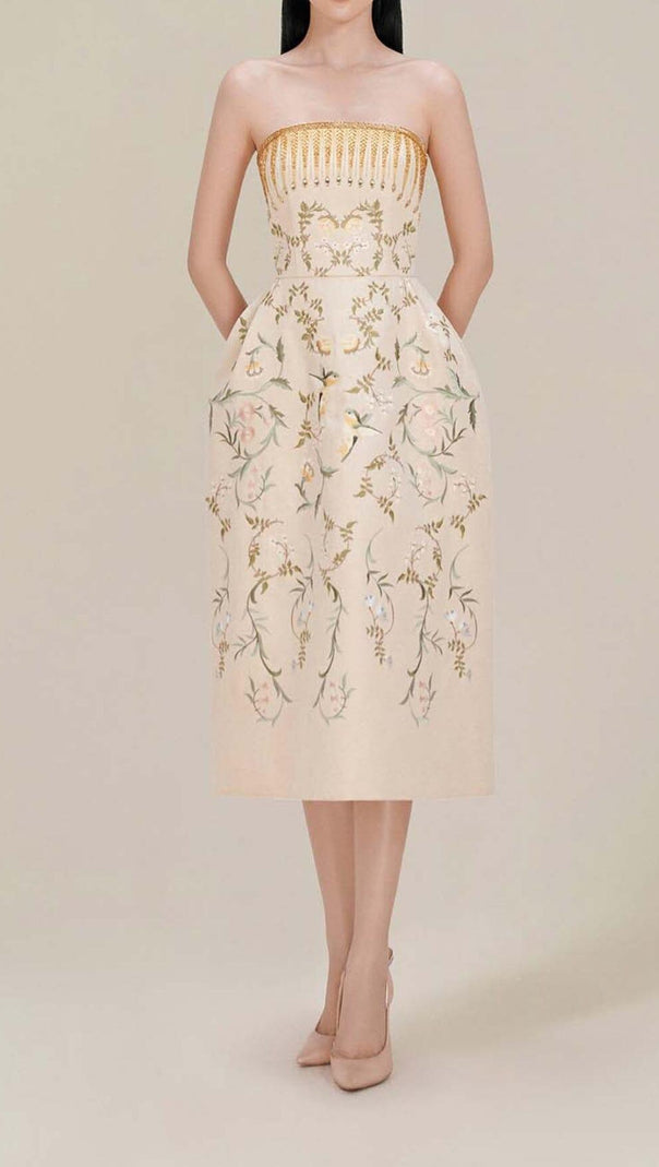 AIIZIE BANDEAU PRINTED JUNGLE MIDI DRESS IN BEIGE - product image