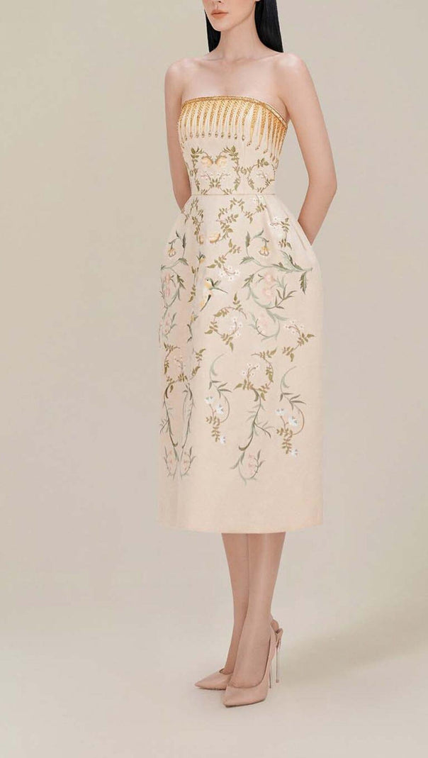 AIIZIE BANDEAU PRINTED JUNGLE MIDI DRESS IN BEIGE - product image