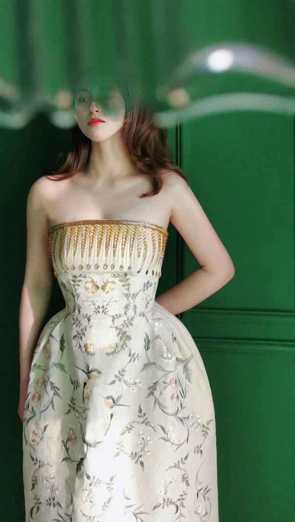 AIIZIE BANDEAU PRINTED JUNGLE MIDI DRESS IN BEIGE - product image