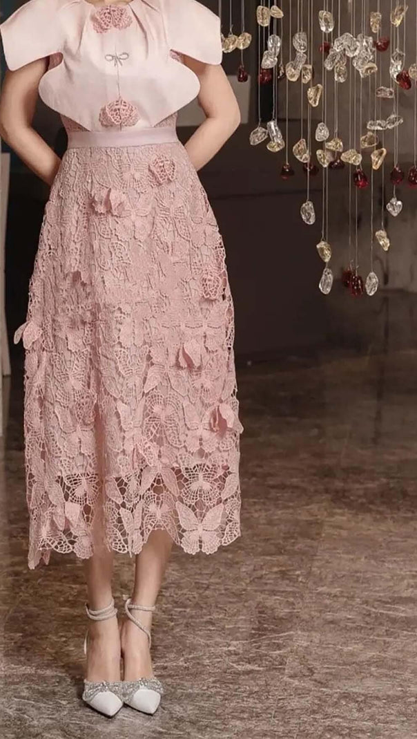 AIIZIE BUTTERFLY EMBROIDERY CLOAK SLEEVE MIDIDRESS IN PINK - product image