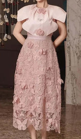 BUTTERFLY EMBROIDERY CLOAK SLEEVE MIDIDRESS IN PINK