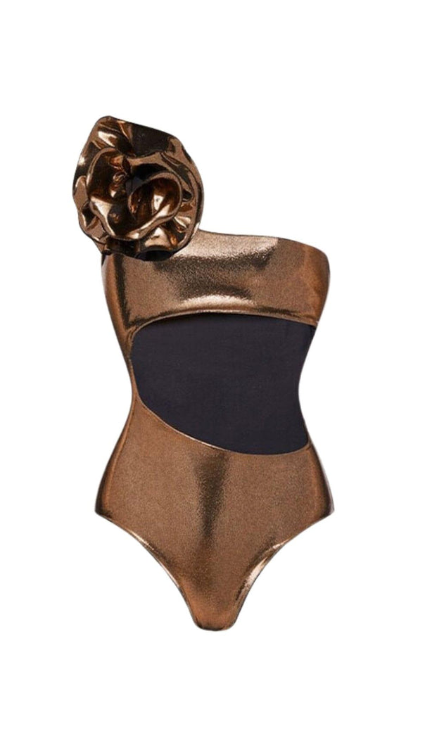 BADEANZUG MIT DIAGONALEM CUTOUT UND BLUMEN IN GOLD