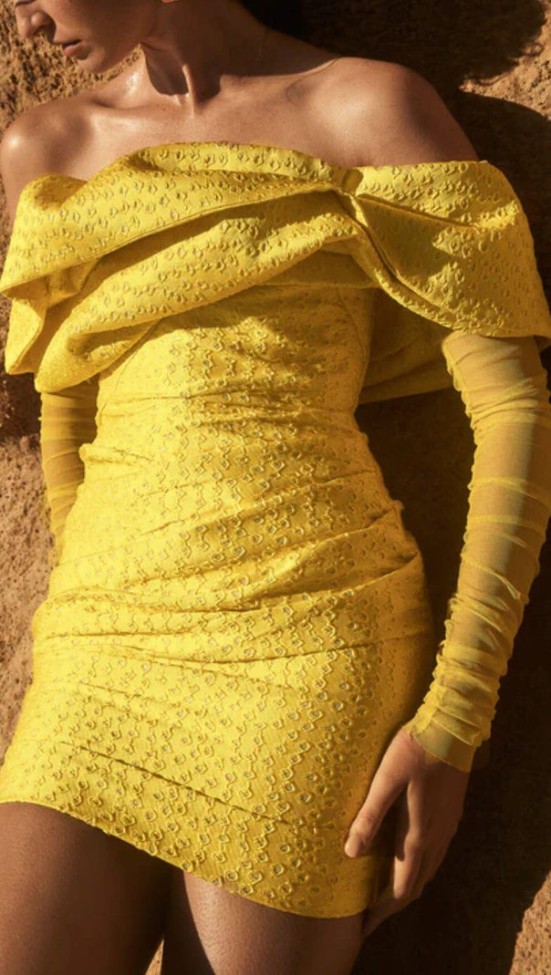 AIIZIE YELLOW OFF SHOULDER RUCHED MESH MINI DRESS - product image