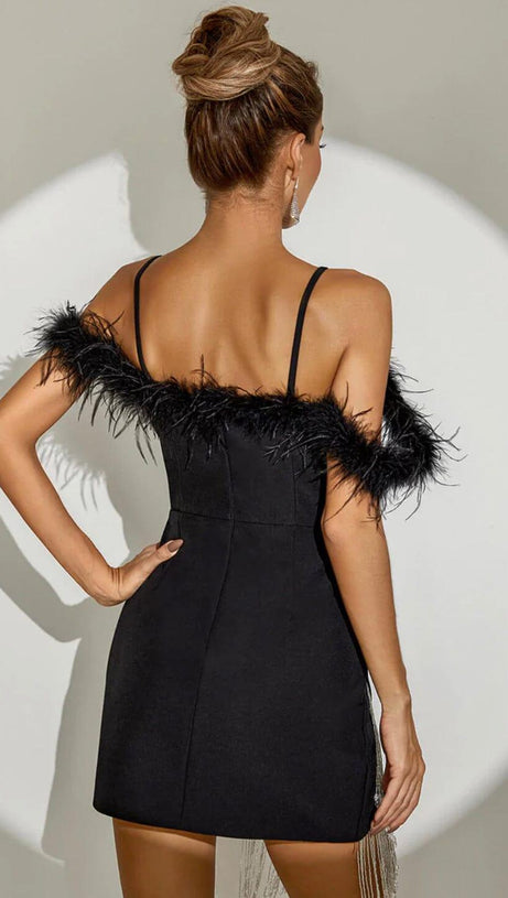 FEATHER STRAP DIAMOND CHAIN MINI DRESS IN BLACK