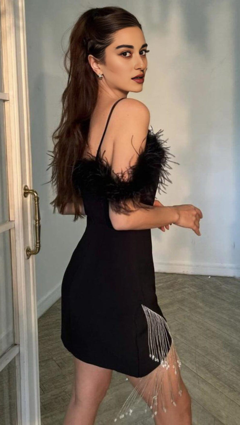 FEATHER STRAP DIAMOND CHAIN MINI DRESS IN BLACK