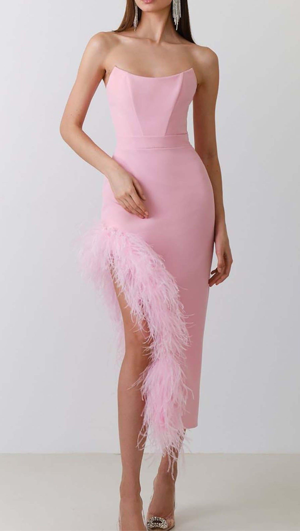 AIIZIE FEATHER TRIM SPLIT MIDI DRESS IN BUBBLEGUM - product image