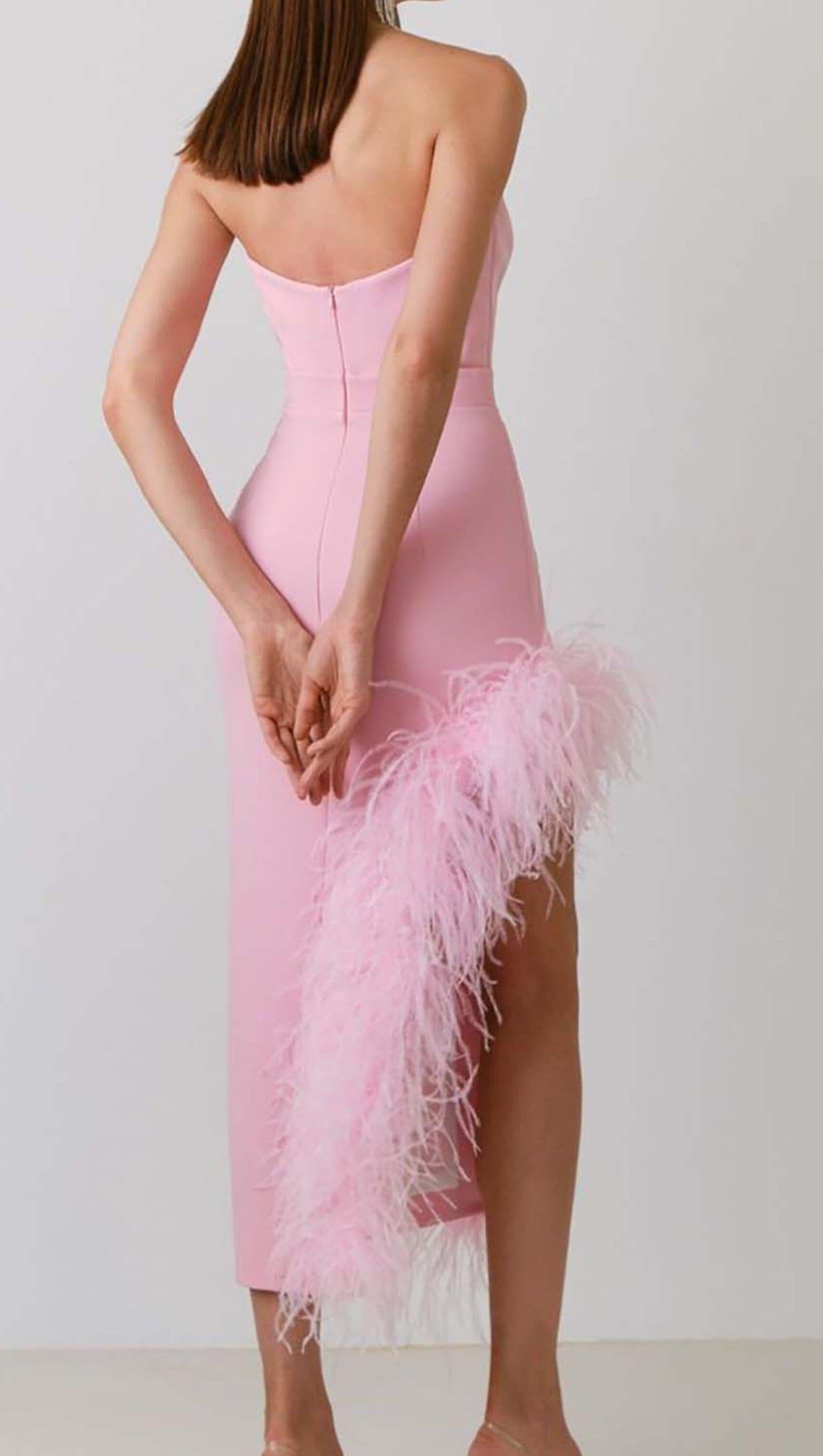 AIIZIE FEATHER TRIM SPLIT MIDI DRESS IN BUBBLEGUM - product image