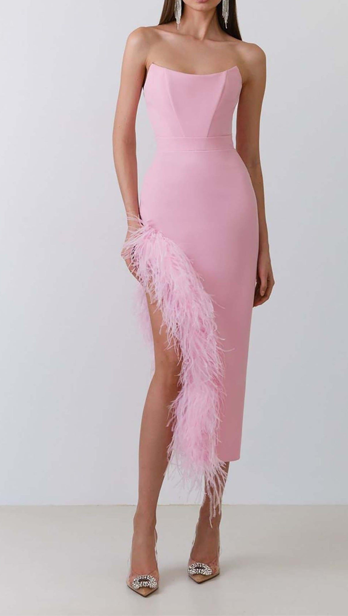 AIIZIE FEATHER TRIM SPLIT MIDI DRESS IN BUBBLEGUM - product image
