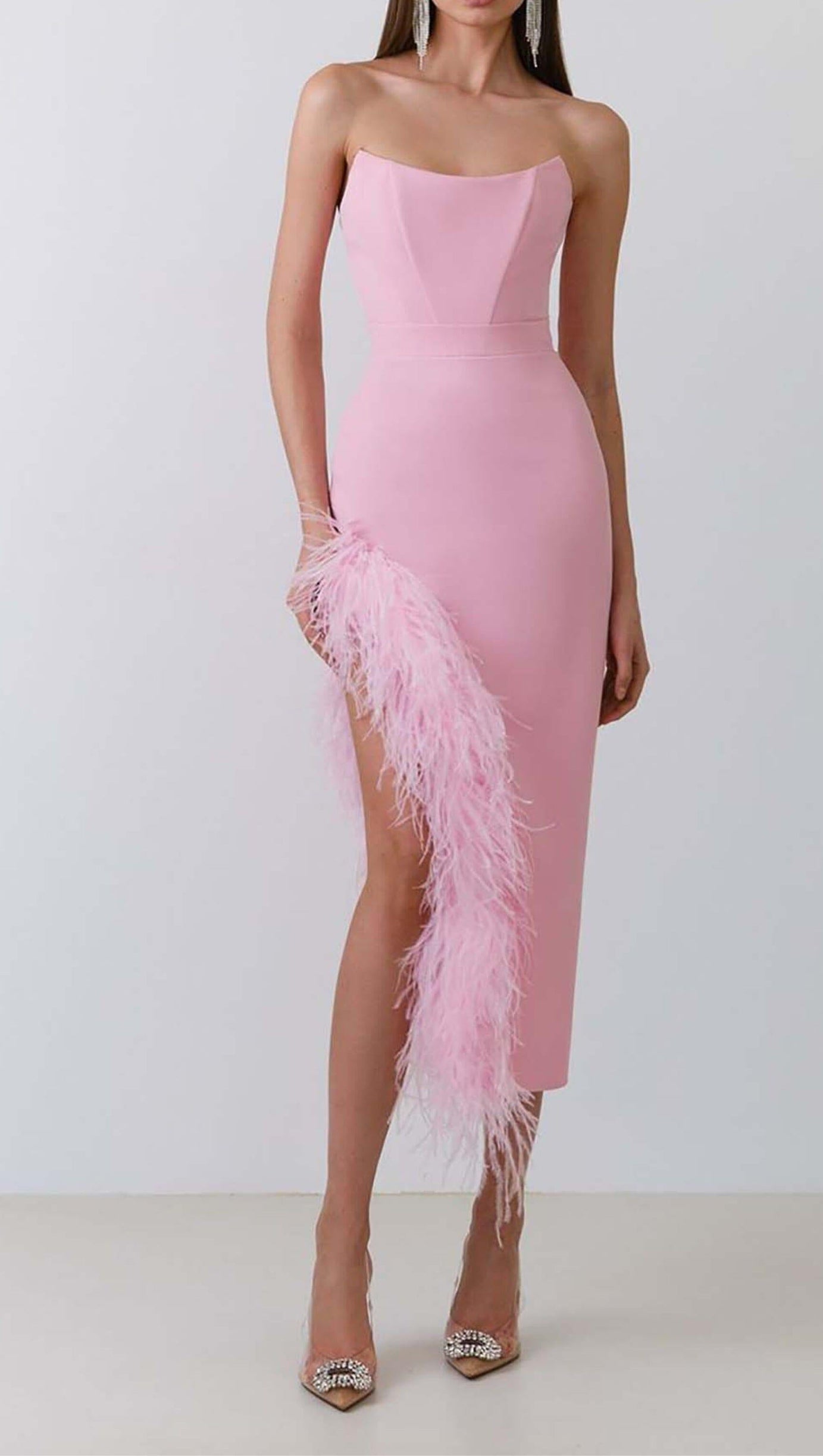FEATHER TRIM SPLIT MIDI DRESS IN BUBBLEGUM