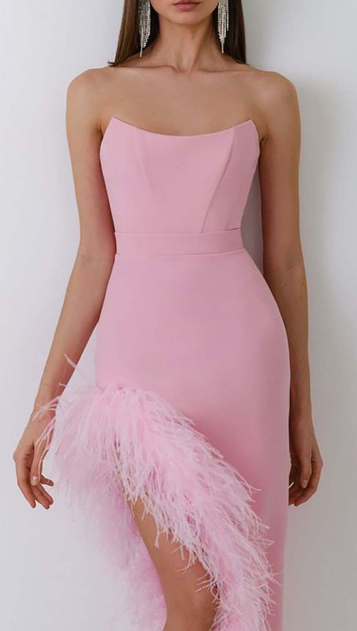 AIIZIE FEATHER TRIM SPLIT MIDI DRESS IN BUBBLEGUM - product image
