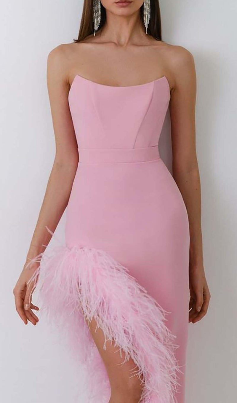 FEATHER TRIM SPLIT MIDI DRESS IN BUBBLEGUM