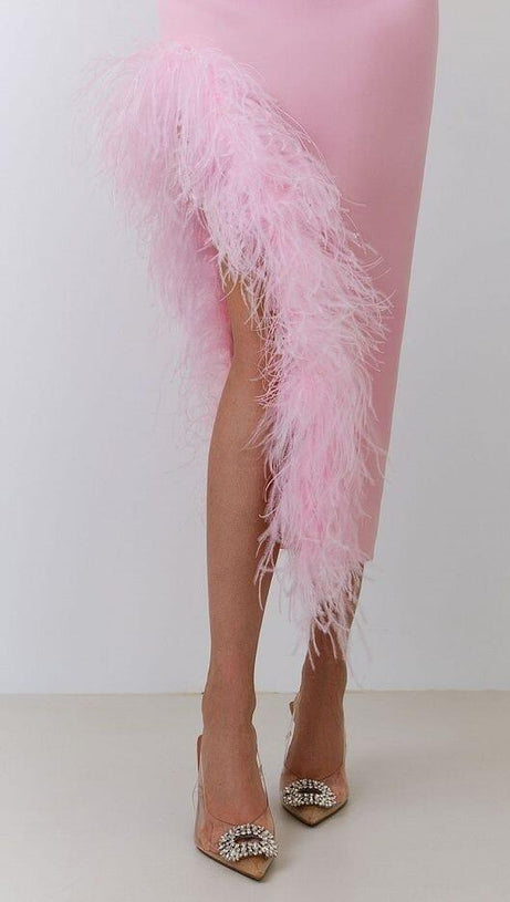 FEATHER TRIM SPLIT MIDI DRESS IN BUBBLEGUM