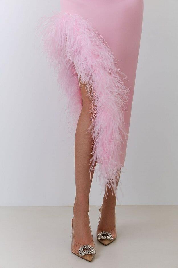 FEATHER TRIM SPLIT MIDI DRESS IN BUBBLEGUM