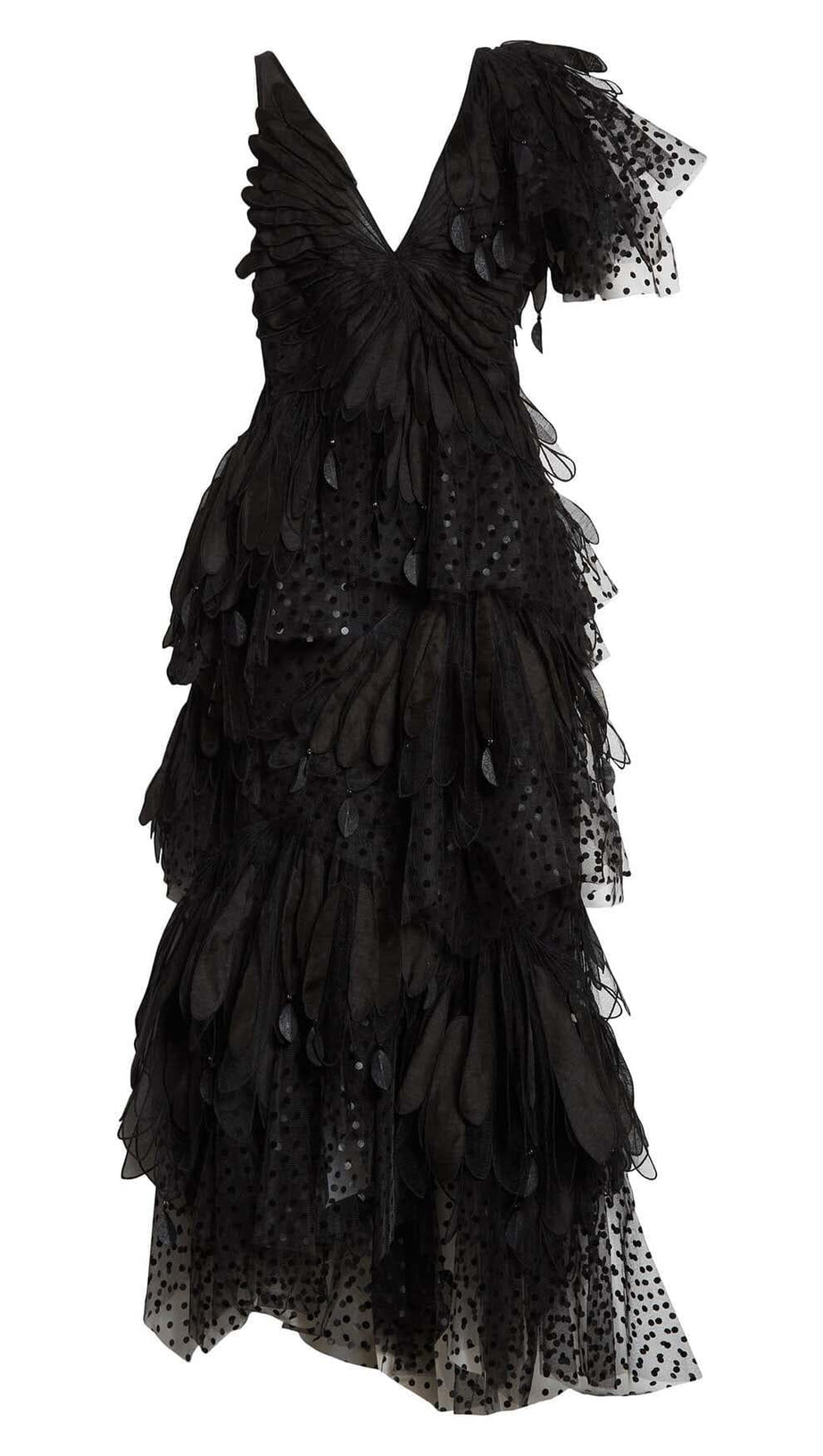 FEATHER V-NECK FLUTED MIDI DRESS IN BLACK
