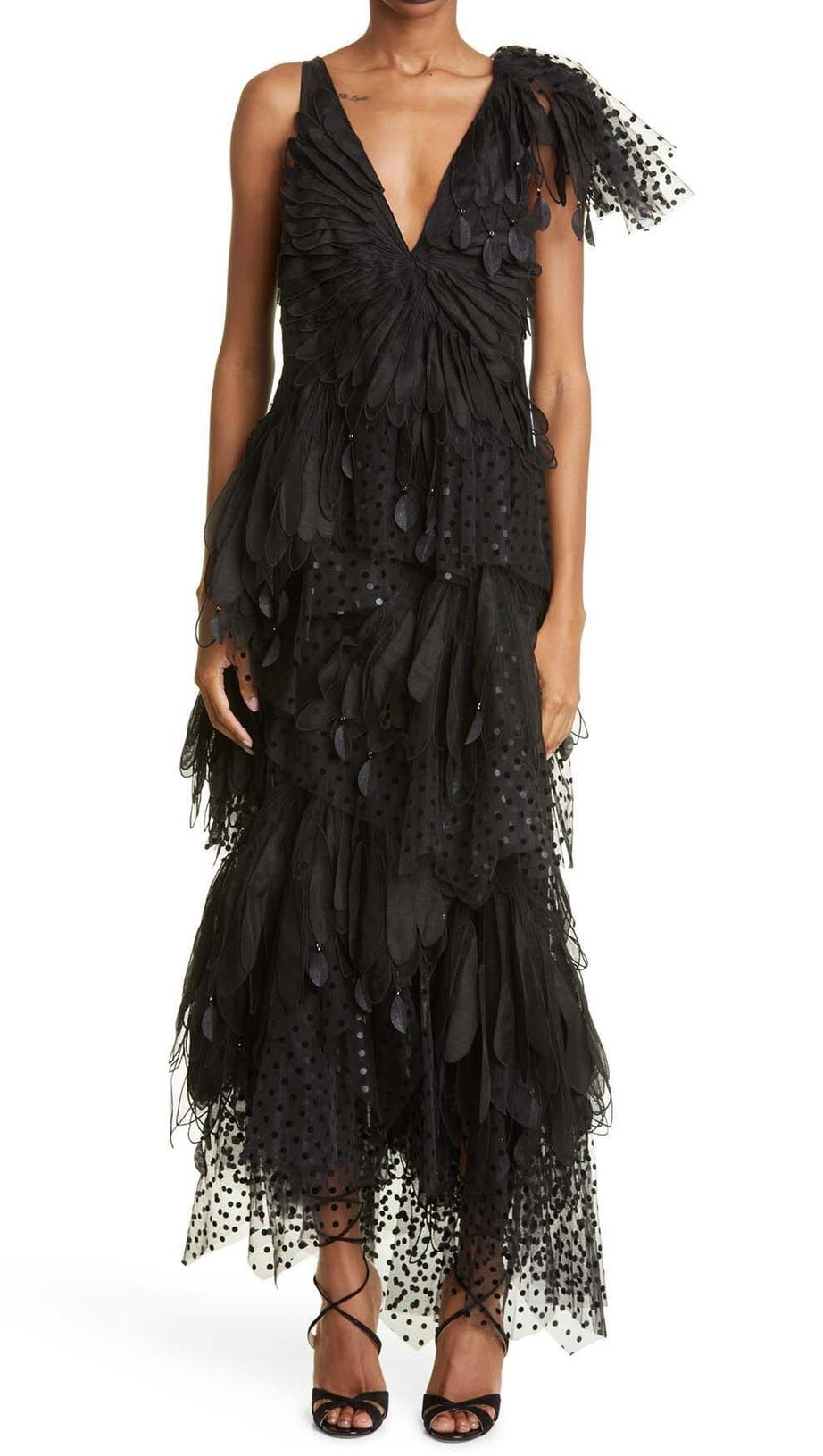 FEATHER V-NECK FLUTED MIDI DRESS IN BLACK
