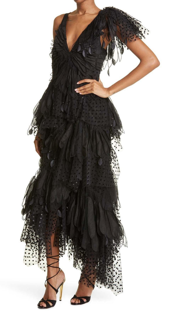 AIIZIE FEATHER V-NECK FLUTED MIDI DRESS IN BLACK - product image