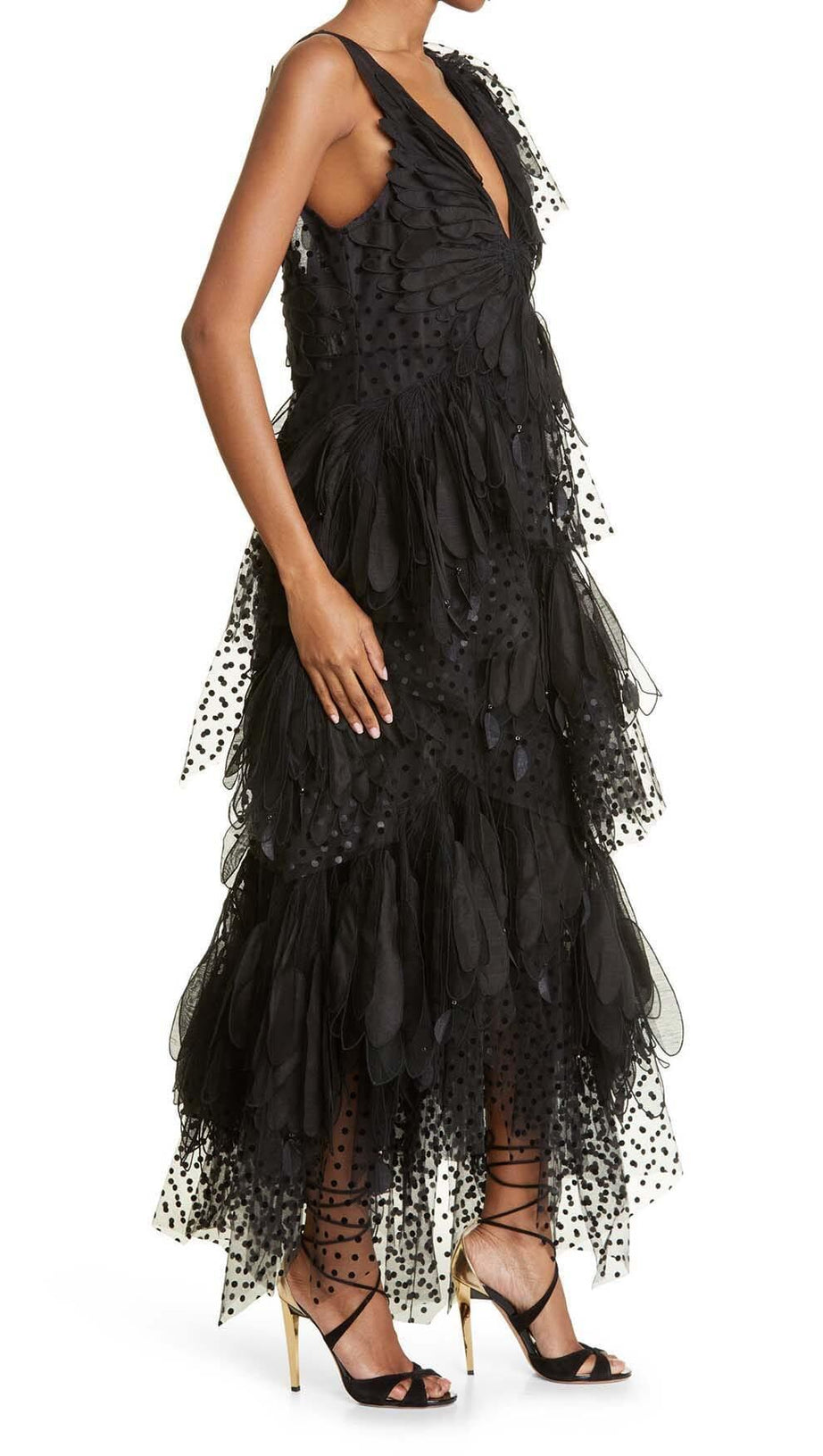FEATHER V-NECK FLUTED MIDI DRESS IN BLACK