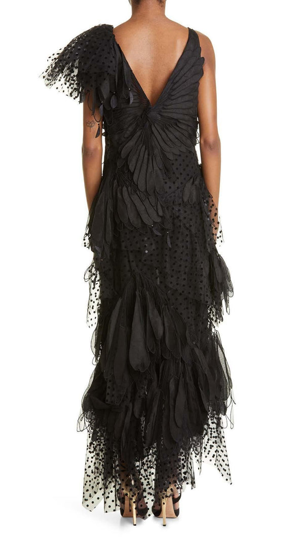 AIIZIE FEATHER V-NECK FLUTED MIDI DRESS IN BLACK - product image