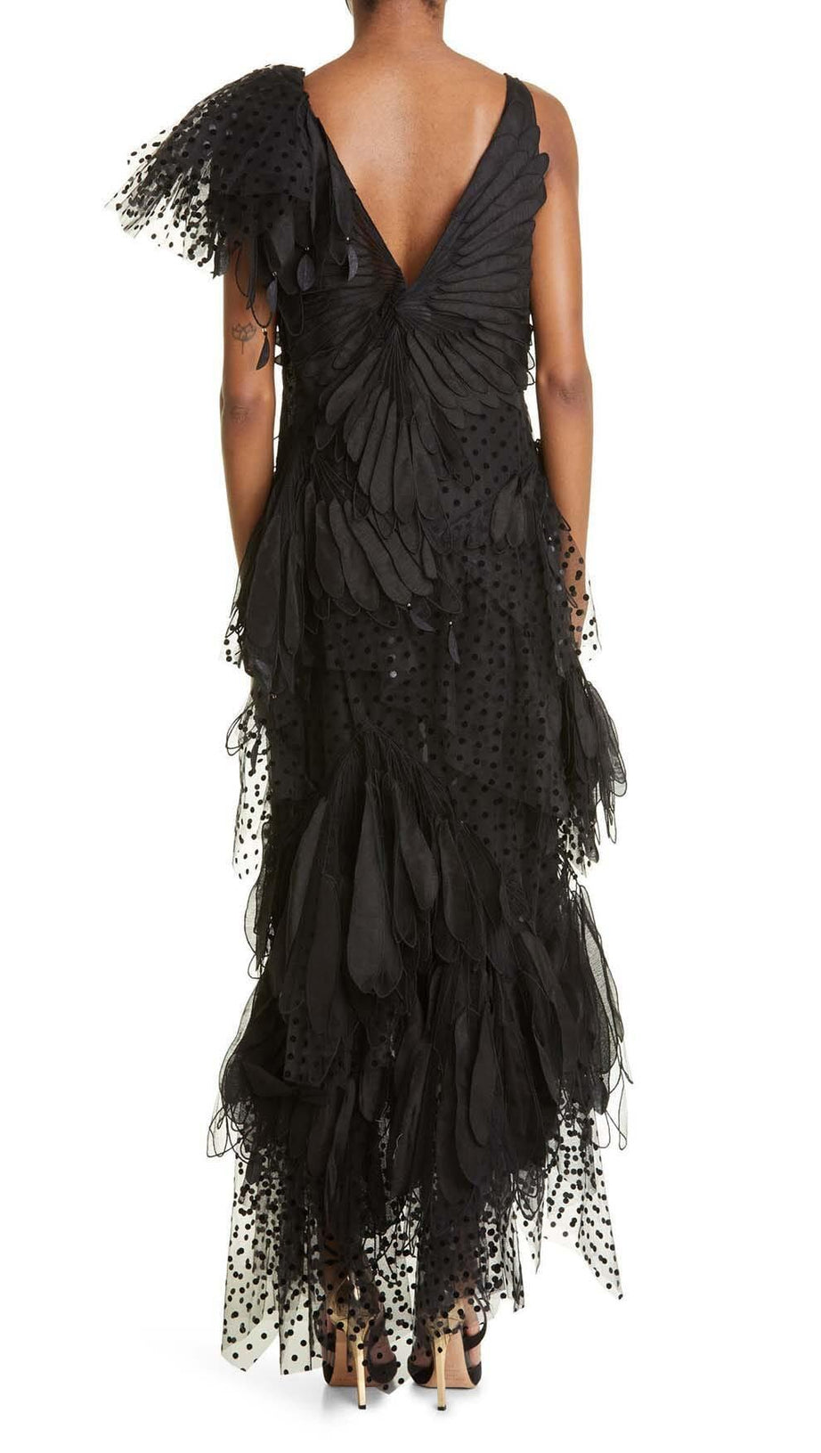 FEATHER V-NECK FLUTED MIDI DRESS IN BLACK