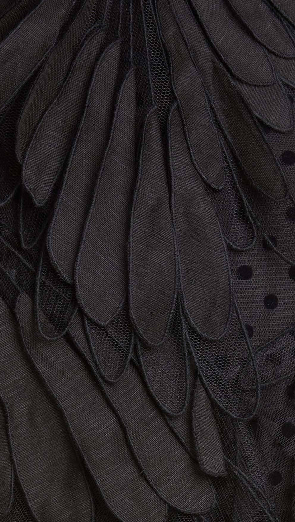 AIIZIE FEATHER V-NECK FLUTED MIDI DRESS IN BLACK - product image
