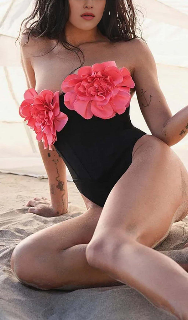 FLORAL APPLIQUÉD CORSET SWIMSUIT IN BLACK