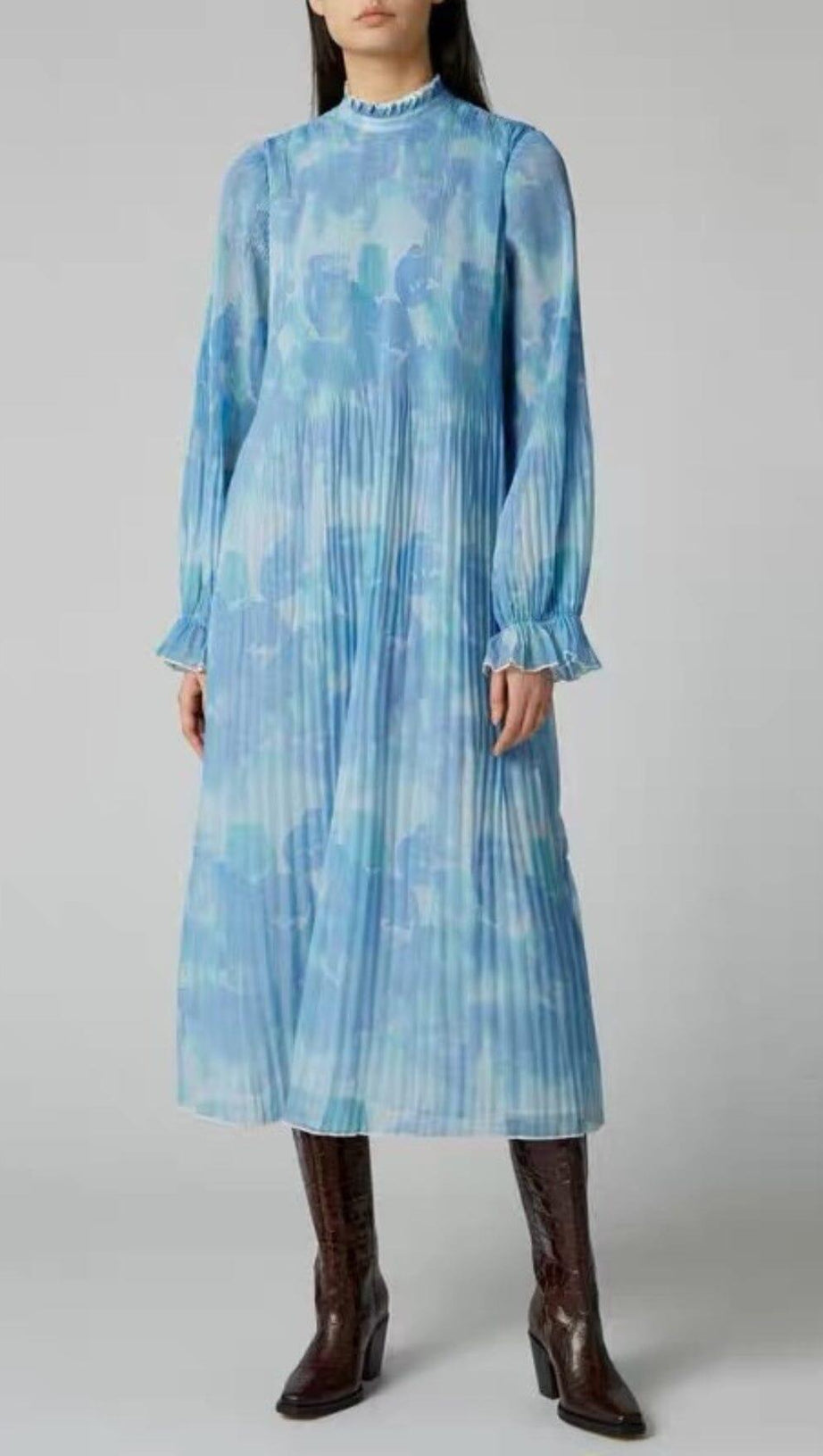 ABITO MIDI PLISSETTATO CON STAMPA FLOREALE BLU