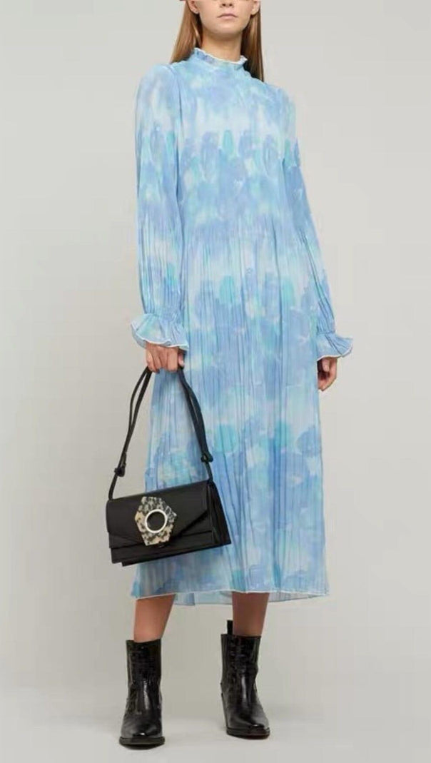 AIIZIE FLORAL PRINT PLEATED MIDI DRESS IN BLUE - product image