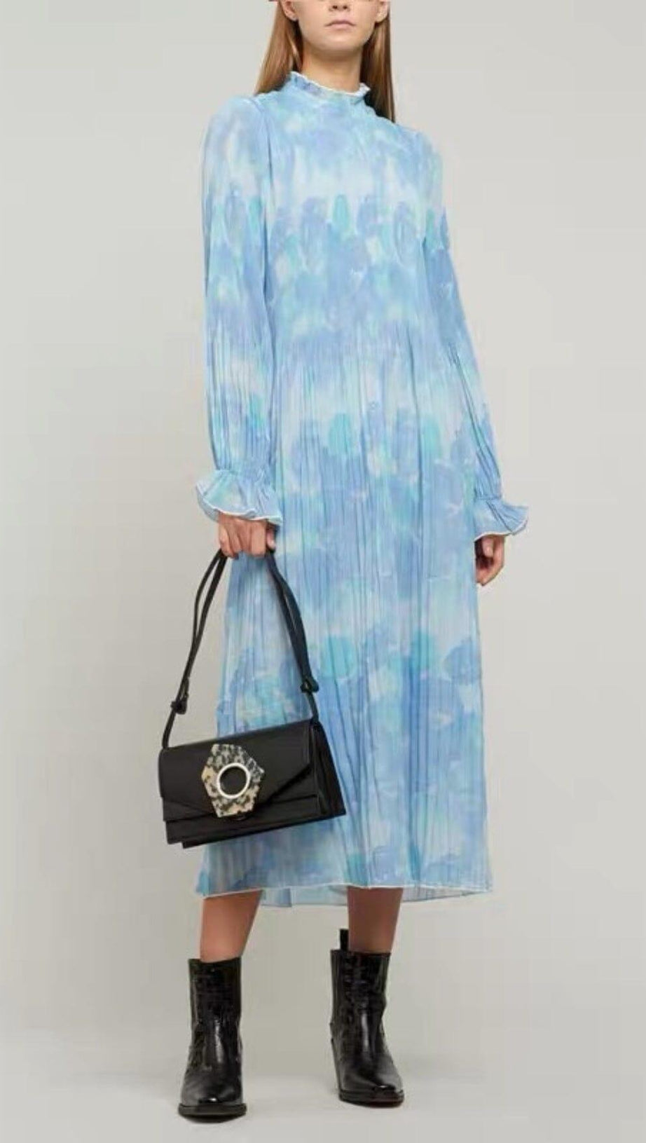 ABITO MIDI PLISSETTATO CON STAMPA FLOREALE BLU