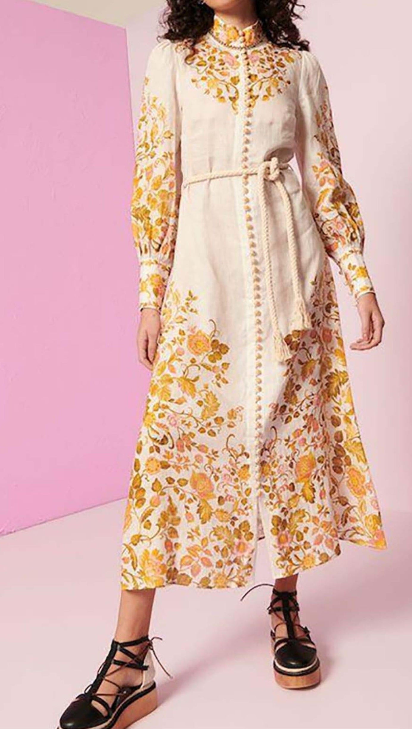 ABITO MIDI CON CINTURA IN CORDA E STAMPA FLOREALE IN AVORIO