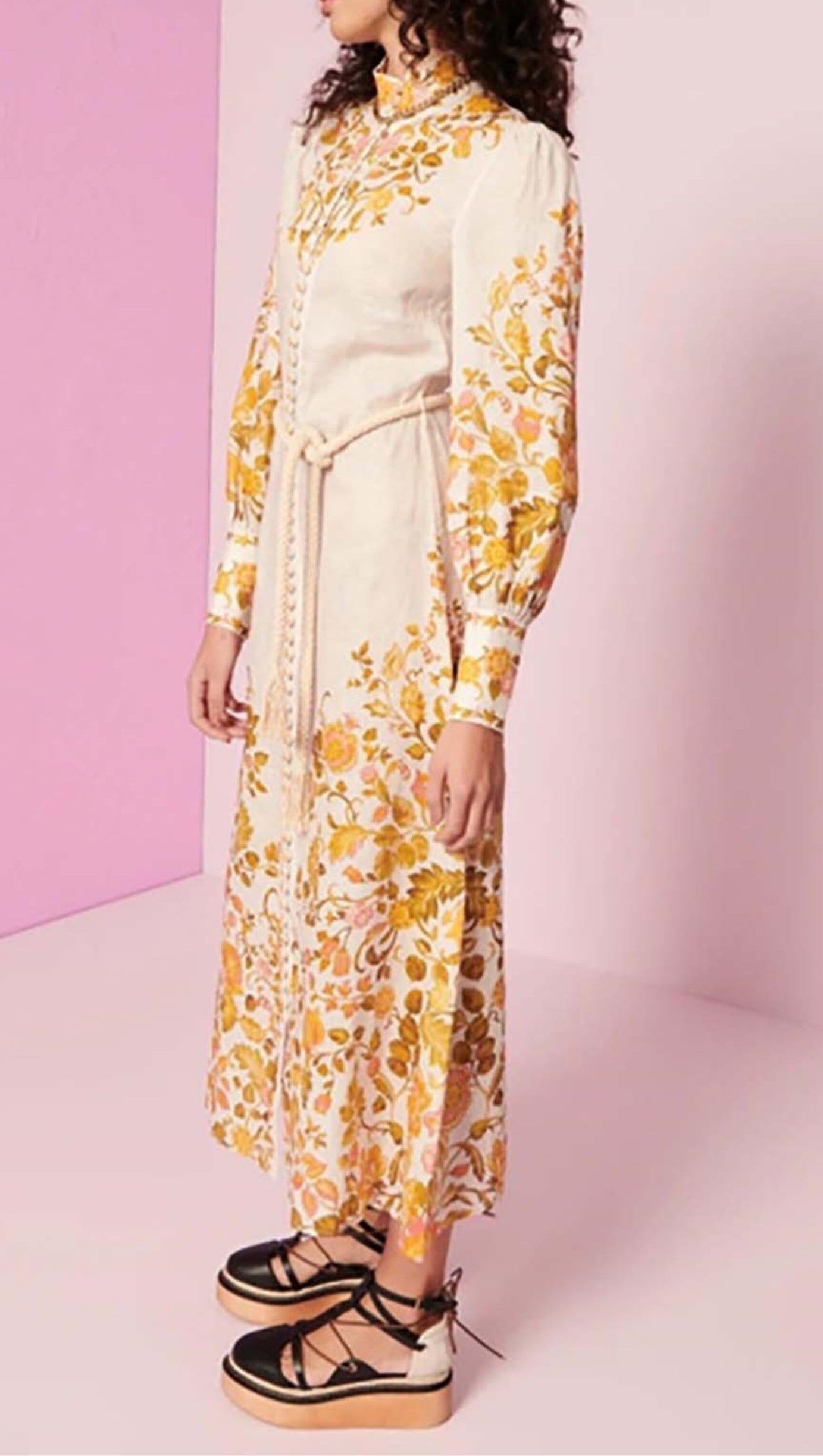 ABITO MIDI CON CINTURA IN CORDA E STAMPA FLOREALE IN AVORIO