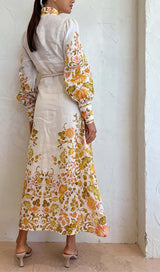 FLORAL-PRINT ROPE BELT MIDI DRESS IN IVORY